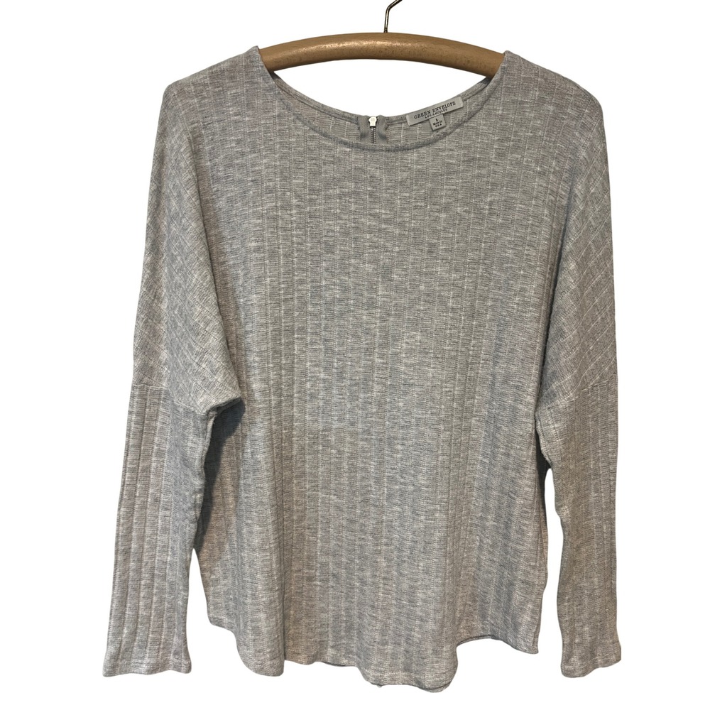 Green Envelope Top Womens L Gray Ribbed Knit Long Sleeve Back Zip Pullover A41